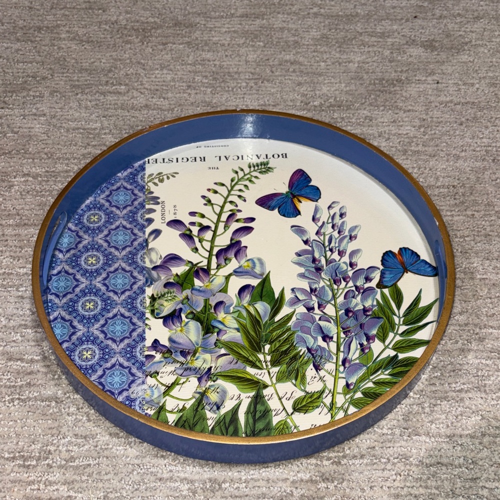 Vtg Michel Design Works Botanical Register Round Lacquered Wooden Serving Tray